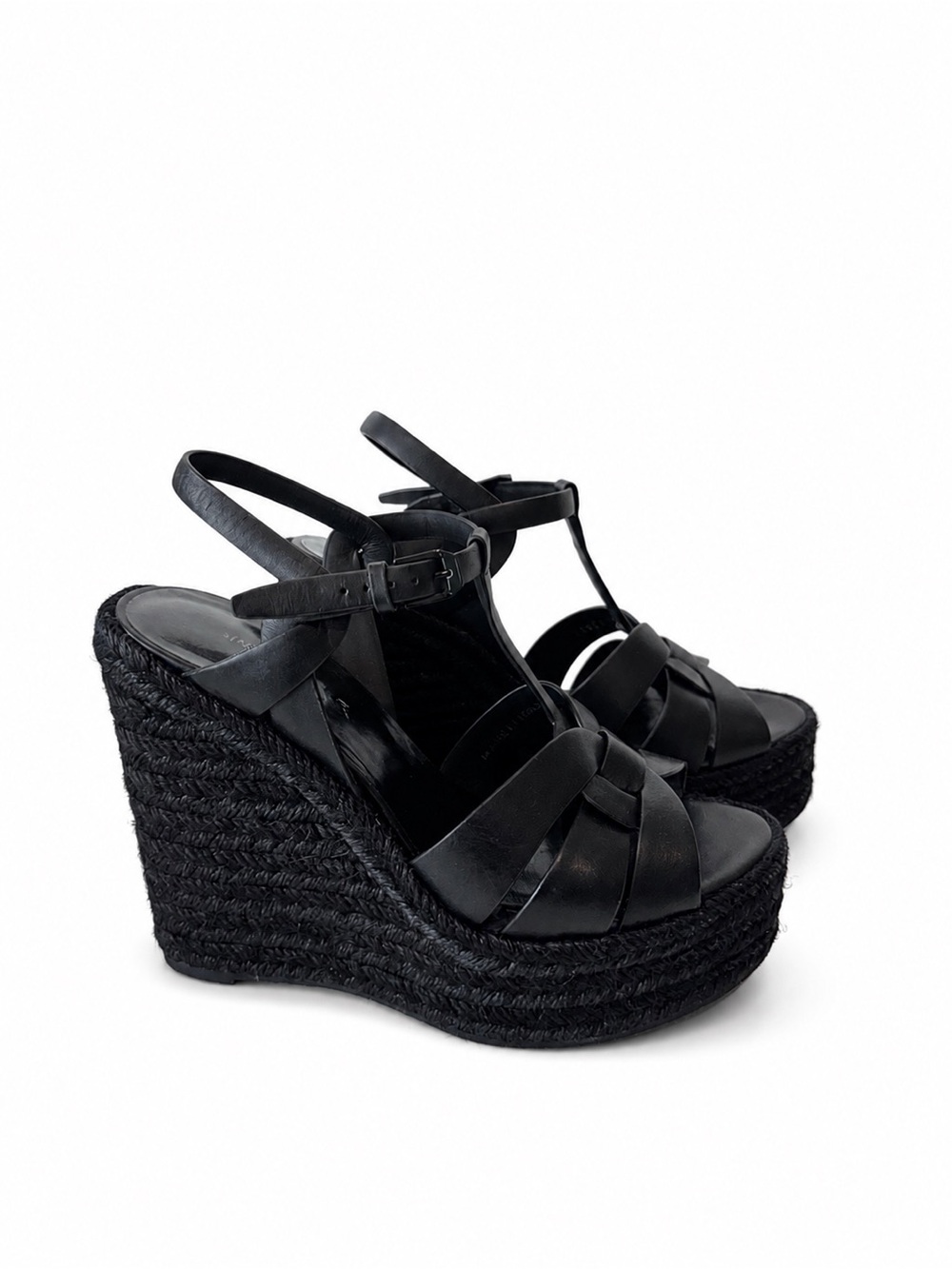 Saint Laurent Tribute Wedge Espadrilles Black Leather Platform Sandals Size 39